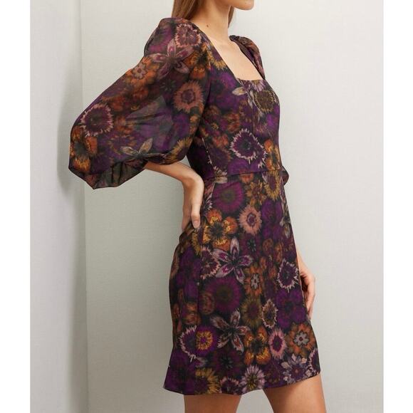 SLATE & WILLOW Dark Fairy Deep Florals Mini Dress. Sheer Balloon Sleeves - Sz 14 - Picture 2 of 7
